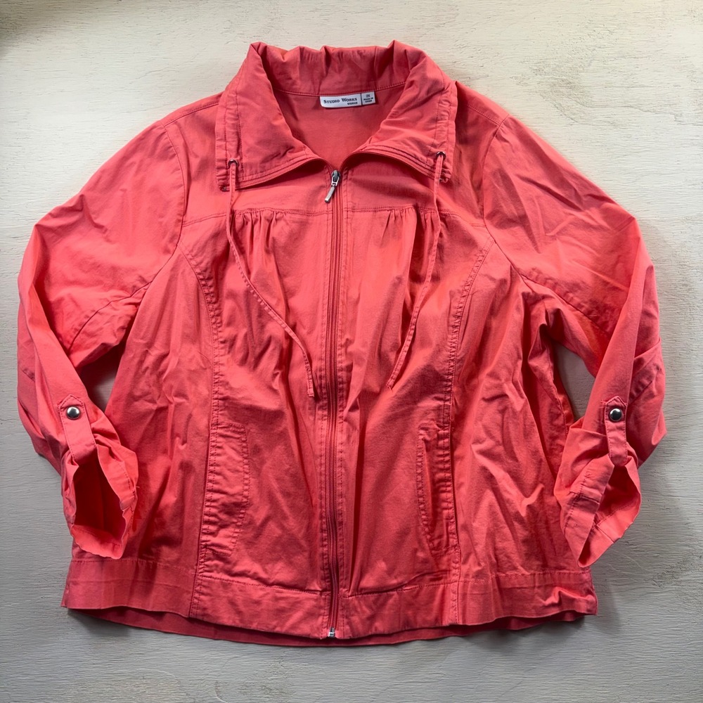 Studio Works Women's 2X Coral Pink Zip Front Roll Tab Sleeve Jacket Utility